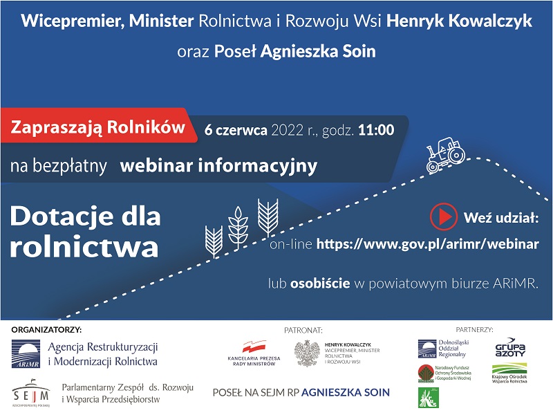 Obraz przedstawiający Webinarium dla rolników pt.: „Dotacje dla rolnictwa”
