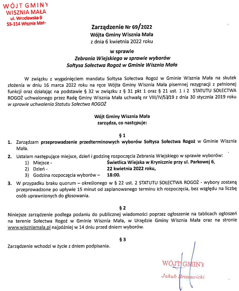 Obraz przedstawiający Uwaga - przedterminowe wybory Sołtysa Sołectwa Rogoż