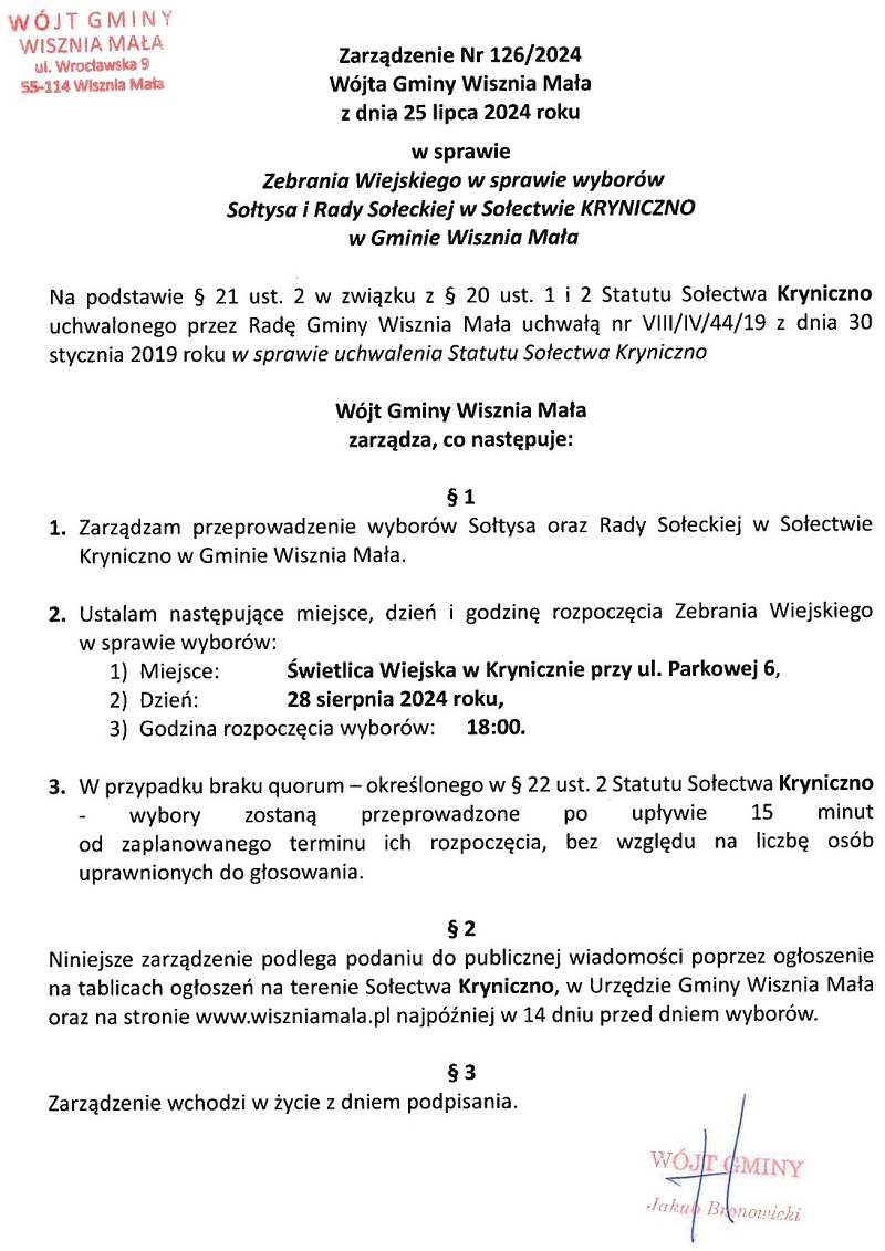 Obraz przedstawiający Zarządzenie dotyczące Zebrania Wiejskiego w sprawie wyborów Sołtysa Sołectwa Kryniczno