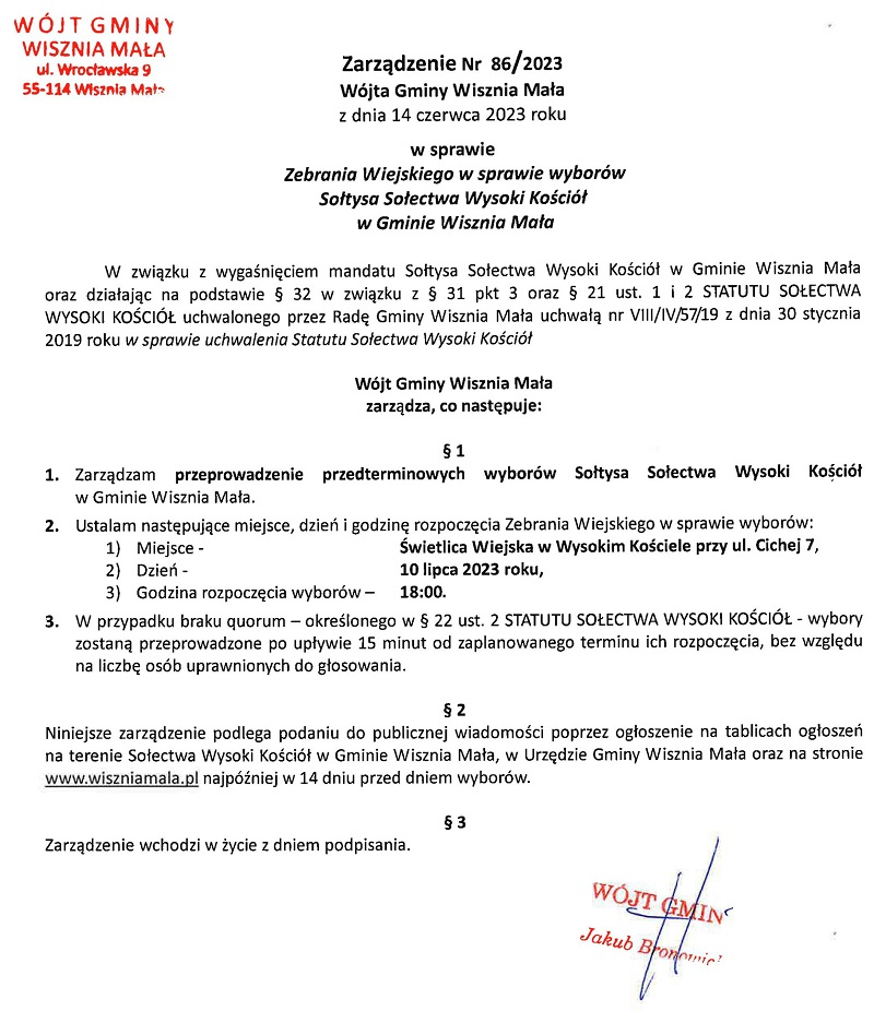 Obraz przedstawiający Uwaga - przedterminowe wybory Sołtysa Sołectwa Wysoki Kościół