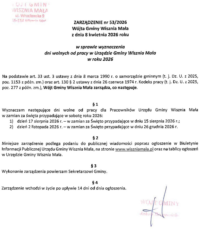 Obraz przedstawiający Dni wolnye od pracy w Urzędzie Gminy Wisznia Mała w roku 2026