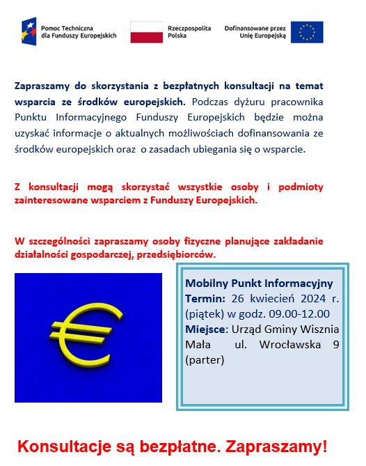 Obraz przedstawiający Bezpłatne konsultacje w UGWM w zakresie pozyskania dotacji UE - Mobilny Punkt Informacyjnych Funduszy UE