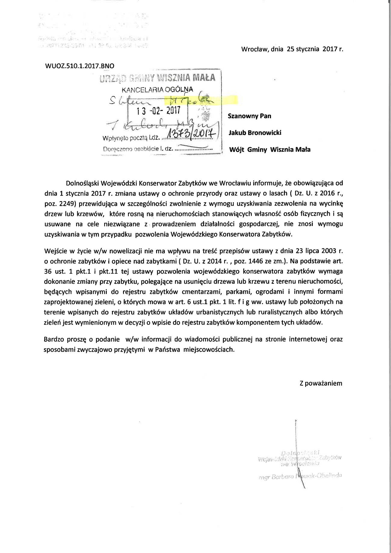 Obraz przedstawiający Informacja Dolnośląskiego Wojewódzkiego Konserwatora Zabytków dot. wycinki drzew